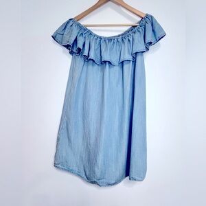 EUC Lulus Blue Chambray Ruffled Elastic Off Shoulder Dress size M